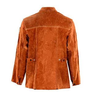 QeeLink Leather Welding Work Jacket with Hood Flame-Resistant Heavy Duty Split Cowhide Leather Welder Jackets with Hood for Men & Women, Medium