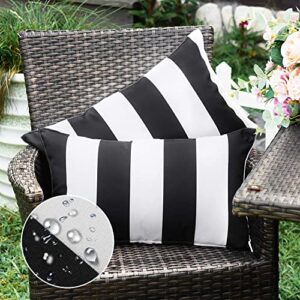 Western Home Pack of 2 Decorative Outdoor Solid Waterproof Striped Throw Pillow Covers Polyester Linen Garden Farmhouse Cushion Cases for Patio Tent Balcony Couch Sofa 12x20 inch Black