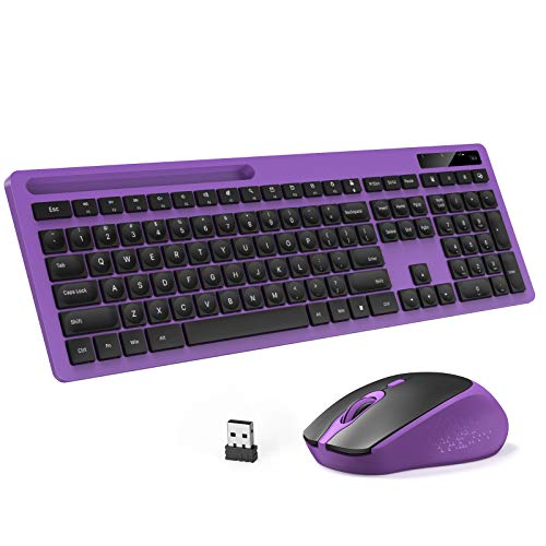 Wireless Keyboard and Mouse Combo - Keyboard with Phone Holder, VIVEFOX 2.4GHz Silent USB Wireless Keyboard Mouse Combo, Full-Size Keyboard and Mouse for Computer, Desktop and Laptop (Purple)