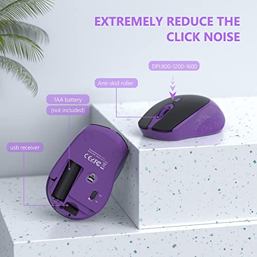 Wireless Keyboard and Mouse Combo - Keyboard with Phone Holder, VIVEFOX 2.4GHz Silent USB Wireless Keyboard Mouse Combo, Full-Size Keyboard and Mouse for Computer, Desktop and Laptop (Purple)