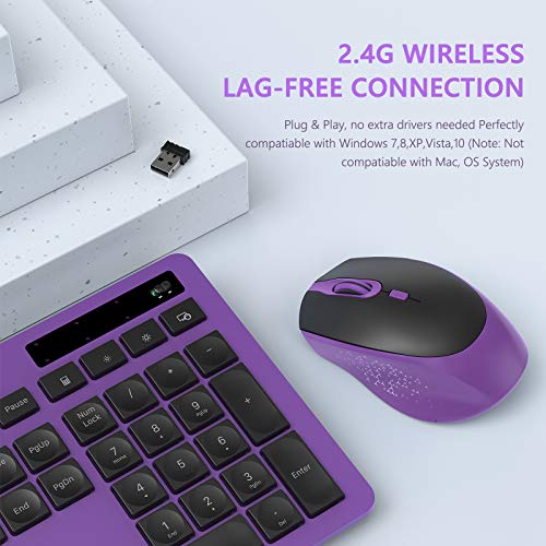 Wireless Keyboard and Mouse Combo - Keyboard with Phone Holder, VIVEFOX 2.4GHz Silent USB Wireless Keyboard Mouse Combo, Full-Size Keyboard and Mouse for Computer, Desktop and Laptop (Purple)