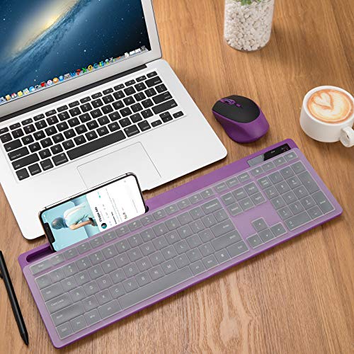 Wireless Keyboard and Mouse Combo - Keyboard with Phone Holder, VIVEFOX 2.4GHz Silent USB Wireless Keyboard Mouse Combo, Full-Size Keyboard and Mouse for Computer, Desktop and Laptop (Purple)