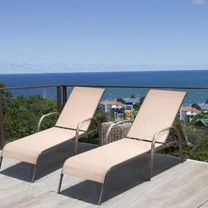 giantex set of 2 adjustable patio chaise lounge, outdoor folding lounge recliner chairs w/adjustable backrest, sturdy metal frame, sunbathing chair for beach, yard, balcony, poolside(brown)