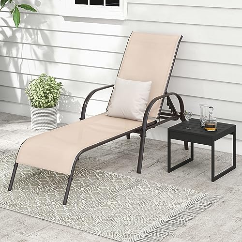 Giantex Set of 2 Adjustable Patio Chaise Lounge, Outdoor Folding Lounge Recliner Chairs w/Adjustable Backrest, Sturdy Metal Frame, Sunbathing Chair for Beach, Yard, Balcony, Poolside(Brown)