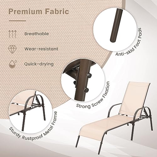 Giantex Set of 2 Adjustable Patio Chaise Lounge, Outdoor Folding Lounge Recliner Chairs w/Adjustable Backrest, Sturdy Metal Frame, Sunbathing Chair for Beach, Yard, Balcony, Poolside(Brown)