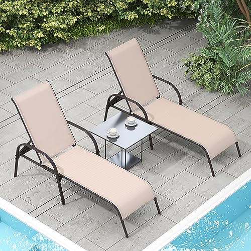 Giantex Set of 2 Adjustable Patio Chaise Lounge, Outdoor Folding Lounge Recliner Chairs w/Adjustable Backrest, Sturdy Metal Frame, Sunbathing Chair for Beach, Yard, Balcony, Poolside(Brown)