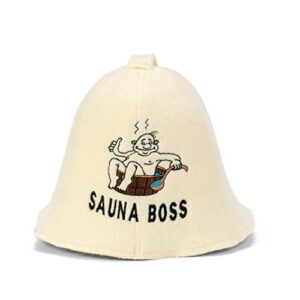 natural textile sauna hat 'sauna boss' white - 100% organic wool felt hats for russian banya - protect your head from heat - sauna ebook guide included - with embroidery