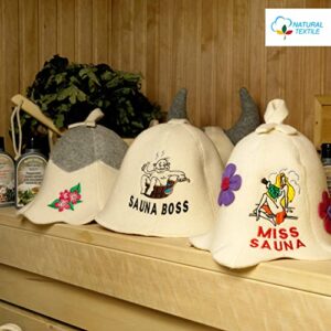 Natural Textile Sauna Hat 'Sauna Boss' White - 100% Organic Wool Felt Hats for Russian Banya - Protect Your Head from Heat - Sauna eBook Guide Included - with Embroidery