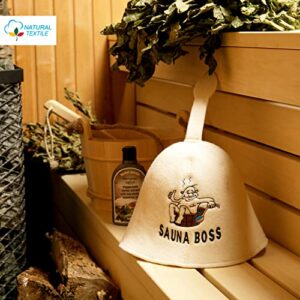 Natural Textile Sauna Hat 'Sauna Boss' White - 100% Organic Wool Felt Hats for Russian Banya - Protect Your Head from Heat - Sauna eBook Guide Included - with Embroidery