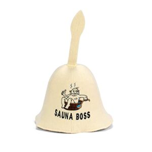 Natural Textile Sauna Hat 'Sauna Boss' White - 100% Organic Wool Felt Hats for Russian Banya - Protect Your Head from Heat - Sauna eBook Guide Included - with Embroidery