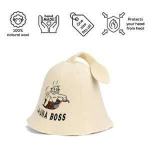 Natural Textile Sauna Hat 'Sauna Boss' White - 100% Organic Wool Felt Hats for Russian Banya - Protect Your Head from Heat - Sauna eBook Guide Included - with Embroidery