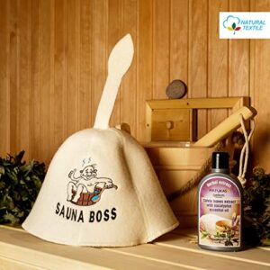 Natural Textile Sauna Hat 'Sauna Boss' White - 100% Organic Wool Felt Hats for Russian Banya - Protect Your Head from Heat - Sauna eBook Guide Included - with Embroidery
