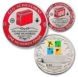 coins for anything, inc 100 finds geo-achievement set challenge coin & pin - trackable geocaching coin