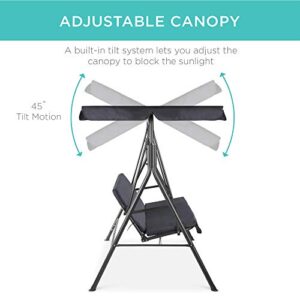 Best Choice Products 2-Person Outdoor Patio Swing Chair, Hanging Glider Porch Bench for Garden, Poolside, Backyard w/Convertible Canopy, Adjustable Shade, Removable Cushions - Gray