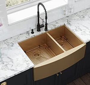 Ruvati 33-inch Satin Brass Matte Gold Stainless Steel 60/40 Double Bowl Apron-Front Farmhouse Kitchen Sink - RVH9742GG