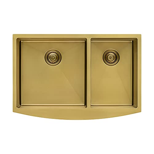 Ruvati 33-inch Satin Brass Matte Gold Stainless Steel 60/40 Double Bowl Apron-Front Farmhouse Kitchen Sink - RVH9742GG