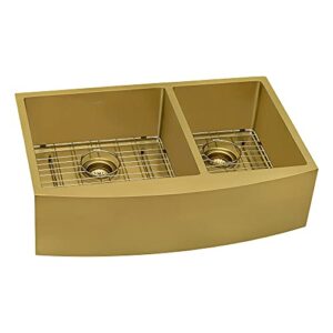 Ruvati 33-inch Satin Brass Matte Gold Stainless Steel 60/40 Double Bowl Apron-Front Farmhouse Kitchen Sink - RVH9742GG