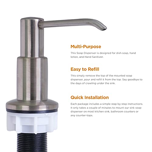 PlumBoss E1000 Built in Soap Dispenser for Kitchen Sink - Multipurpose Stainless Steel Pump with 500mL Bottle for Dish Soap, Hand Lotion, and Hand Sanitizer - Refill from The Top - Brushed Nickel