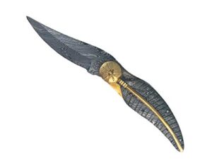 handmade damascus steel pocket knife - folding knive - damascus blade and handle with brass fitting leather sheath included hunting outdoor camping (leaf style handle)