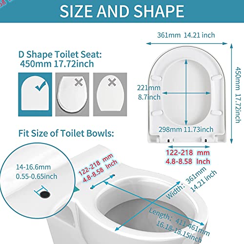 SADALAK Toilet Seat D Shape Soft Close Quick Release Easy Clean Toilet Seat Replacement with Non-Slip Bumpers for Bathroom White