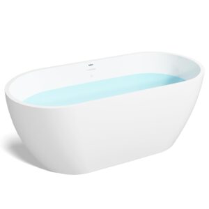 ferdy bali 55"x28" freestanding bathtub, modern oval acrylic soaking bathtub with brushed nickel drain, integrated slotted overflow, glossy white, cupc certified, 02538