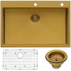 ruvati 33 x 22 inch satin brass matte gold stainless steel drop-in topmount kitchen sink single bowl - rvh5005gg