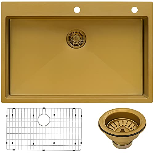 Ruvati 33 x 22 inch Satin Brass Matte Gold Stainless Steel Drop-in Topmount Kitchen Sink Single Bowl - RVH5005GG