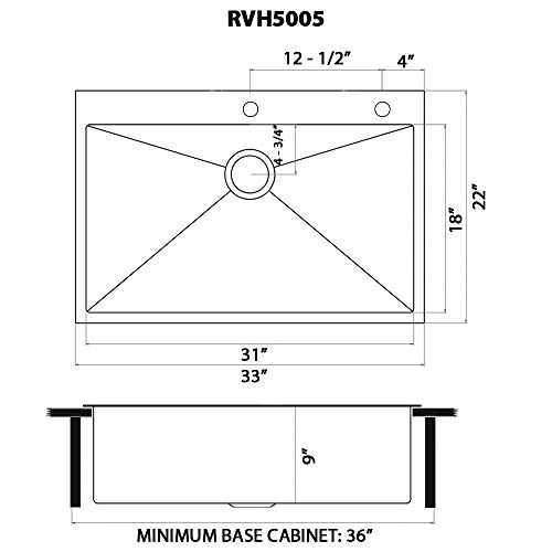 Ruvati 33 x 22 inch Satin Brass Matte Gold Stainless Steel Drop-in Topmount Kitchen Sink Single Bowl - RVH5005GG