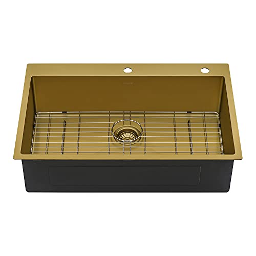 Ruvati 33 x 22 inch Satin Brass Matte Gold Stainless Steel Drop-in Topmount Kitchen Sink Single Bowl - RVH5005GG