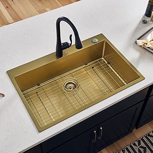 Ruvati 33 x 22 inch Satin Brass Matte Gold Stainless Steel Drop-in Topmount Kitchen Sink Single Bowl - RVH5005GG