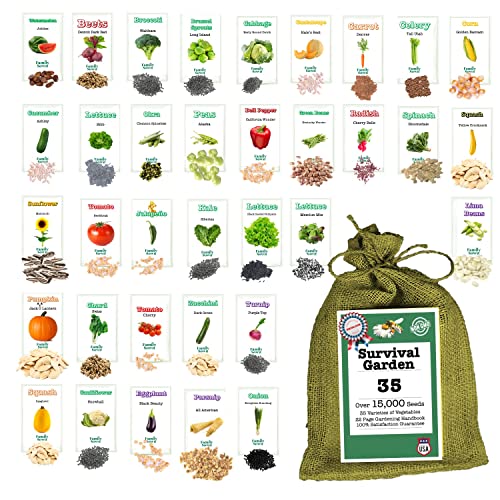 Survival Seeds by Family Sown – 15,000 Non GMO Heirloom Seeds, Naturally Grown Herb Seeds & Seeds for Planting Vegetables and Fruits, Perfect Vegetable Garden Seed Starter Kit