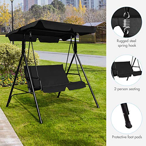 Tangkula 2 Person Porch Swing, Outdoor Swing with Removable Cushions, Solid Steel Structure, Patio Swing with Adjustable Canopy for Porch, Backyard, Garden, Balcony