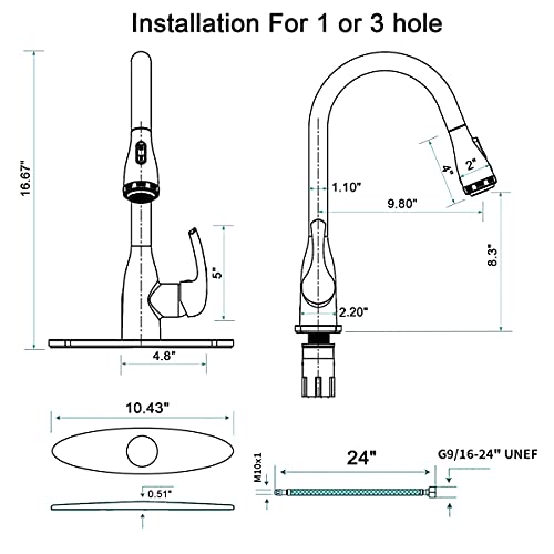 GELE Kitchen Faucet with Pull Down Sprayer and 4 Spraying Modes Brushed Nickel Commercial 1 or 3 Hole Kitchen Faucets for Farmhouse Rv Bar Sinks 1003-4NP