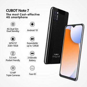 CUBOT Note 7 Smartphone Unlocked, 4G Unlocked Android Phones, 5.5 Inch Dewdrop Screen, 2GB RAM+16GB ROM, Android 10, 128GB Extendable by TF Card, Face ID Detection, Three Card Slots (Black)