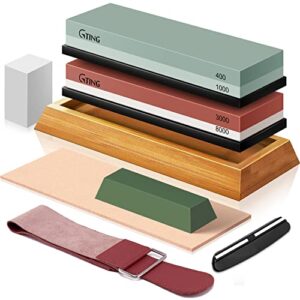 knife sharpening stone set, g-ting 400/1000 and 3000/8000 grit whetstone knife sharpener kit with leather razor strop, leather honing strop, polishing compound, bamboo base and flattening stone