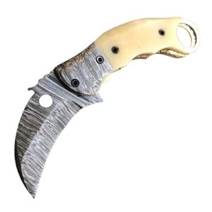 custom handmade damascus steel karambit folding knife pocket knife everyday carrying knife camel bone handle with leather sheath