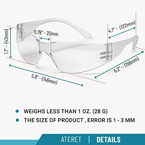 ATERET 12 Pairs Safety Glasses, Scratch and Impact Resistant, Polycarbonate ANSI Z87.1 Lens, Protective Eyewear for Lab, Industrial, Carpentry, Shooting (Clear)