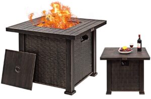 happygrill propane gas fire pit table outdoor patio gas burner stove fire table, 50,000 btu propane fire pit table with lid