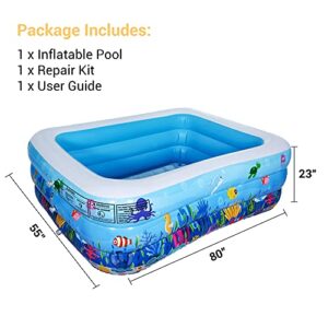 AsterOutdoor Inflatable Swimming Pool Full-Sized Above Ground Kiddle Family Lounge Pool, 80"x 55"x 23" Thickened, Blow Up for Backyard, Garden, Party, Blue