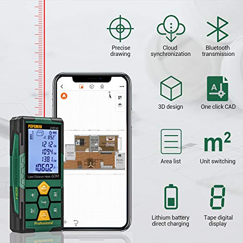 Laser Measure 196ft, POPOMAN Rechargeable with Bluetooth Laser Distance Meter, Intelligent House App for JoyPlan, 2.25' LCD Backlit, Measure Distance, Area, Volume, Pythagoras Measurement Tool