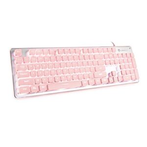 langtu computer keyboard, backlit led pink keyboard for office, all-metal panel usb wired membrane keyboard, 25 keys anti-ghosting laptop keyboard 104 keys