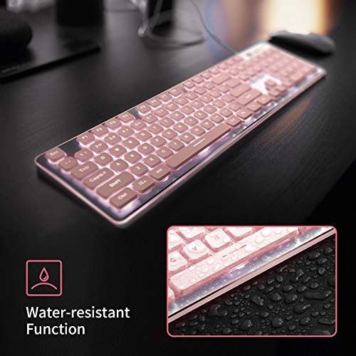 LANGTU Computer Keyboard, Backlit LED Pink Keyboard for Office, All-Metal Panel USB Wired Membrane Keyboard, 25 Keys Anti-ghosting Laptop Keyboard 104 Keys