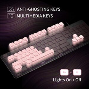 LANGTU Computer Keyboard, Backlit LED Pink Keyboard for Office, All-Metal Panel USB Wired Membrane Keyboard, 25 Keys Anti-ghosting Laptop Keyboard 104 Keys