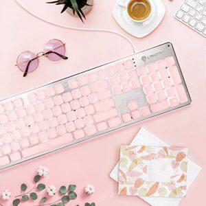 LANGTU Computer Keyboard, Backlit LED Pink Keyboard for Office, All-Metal Panel USB Wired Membrane Keyboard, 25 Keys Anti-ghosting Laptop Keyboard 104 Keys