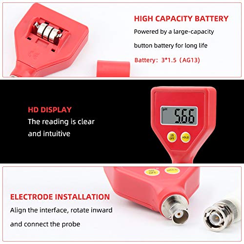 RCYAGO pH Meter with Ph Electrode and Batteries, pH Tester for Water Milk Cheese Soil Food