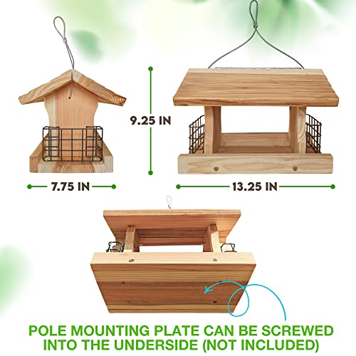 Large Cedar Bird House, Bird Feeder Hopper - Bird Feeders for Outdoors Hanging with 2 Suet Cages, Window and Heavy Duty 5.2 Lb Hold Capacity