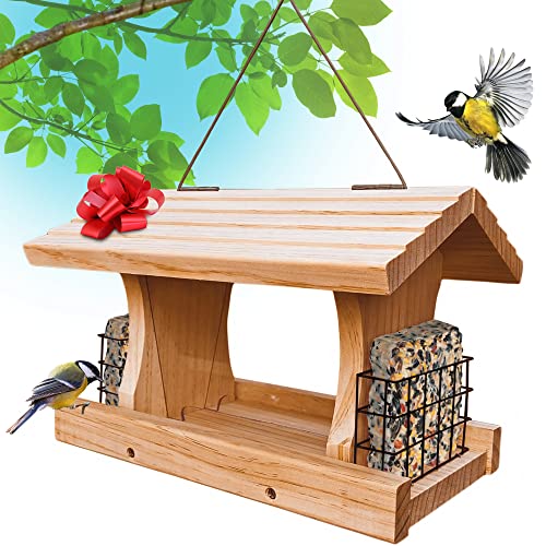 Large Cedar Bird House, Bird Feeder Hopper - Bird Feeders for Outdoors Hanging with 2 Suet Cages, Window and Heavy Duty 5.2 Lb Hold Capacity