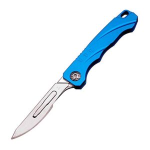szhoworld mini edc pocket knife,aluminium alloy handle carbon steel blade folding knife with 10 extra replaceable blades,portable lightweight and compact (blue)