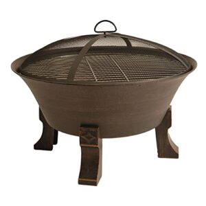 bluegrass living fire pit for outdoor use, wood burning, includes cooking grid, weather cover, spark screen, and poker (26-inch bronze bowl)