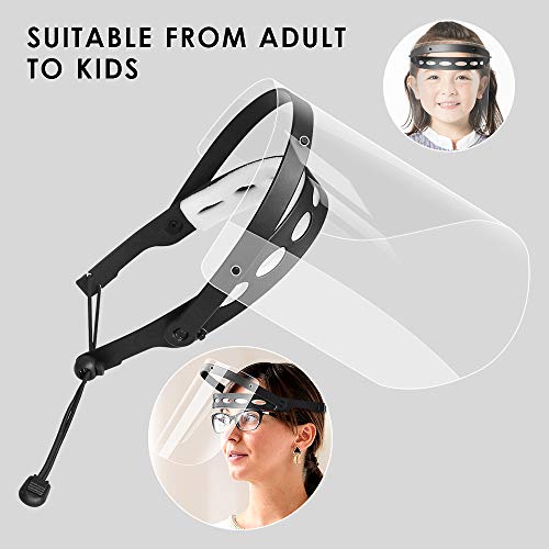 EWA Adjustable Face Shield（2pack+10visors）, All-Round Protection Cap with Clear Anti-Fog Shields, Lightweight Transparent Face Shields(2 Support Frame + 10 Replaceable Visors+ 4 Sponge Strips)-Black